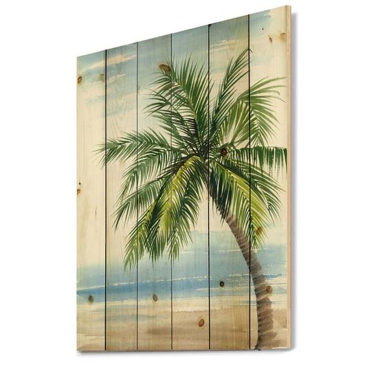 Designart; Designart - Palm Tree At The Beach Resort - Nautical & Coastal Print on Natural Pine Wood; Category:Wall Art; Image:1